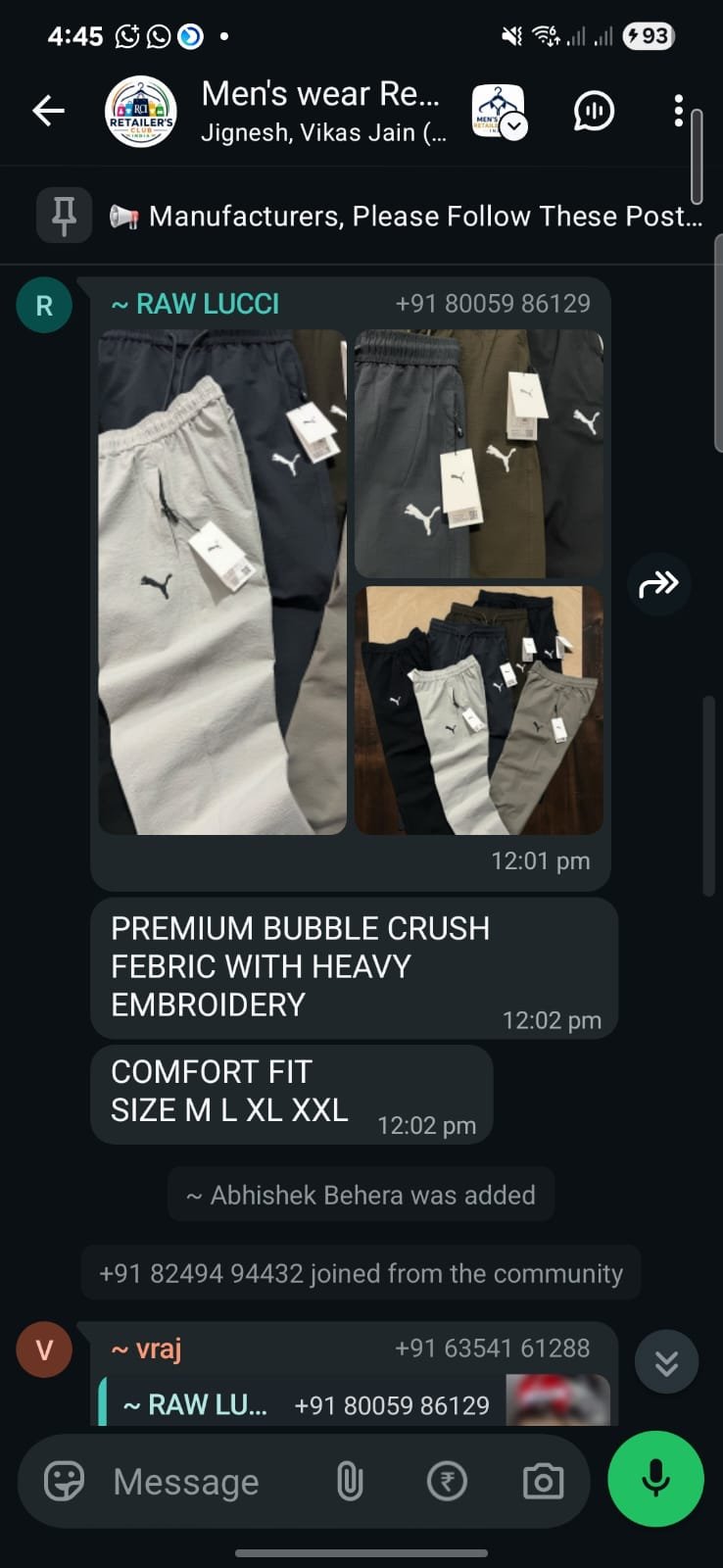 Track pants collection posted with fabric and size details